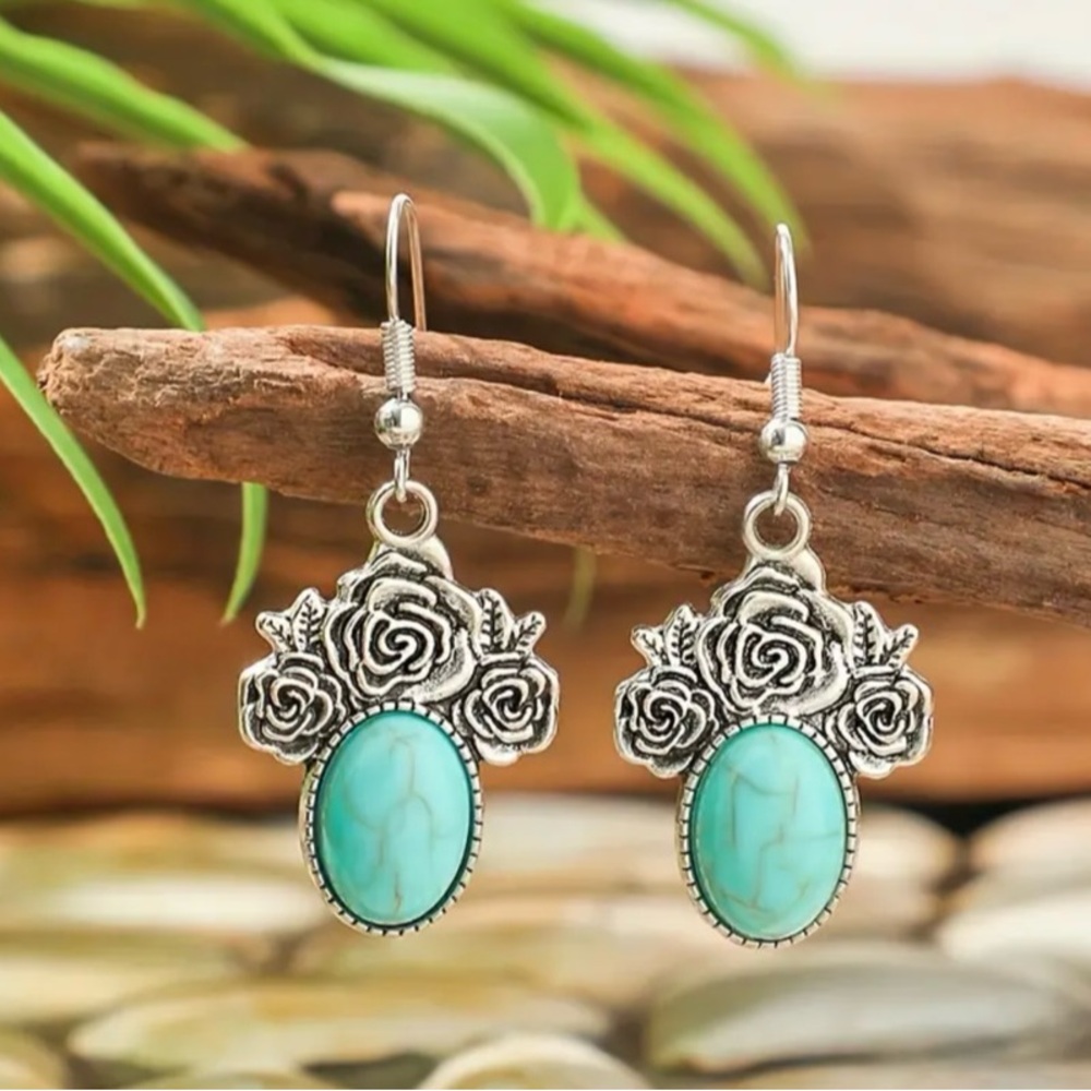 NEW faux Turquoise Earrings, Silvery roses with a center oval turquoise, dangle